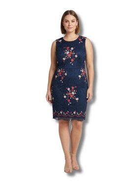 DKNY Navy Blue Floral Embroidered Lace Sheath Dress NWT 10 Sleeveless Cocktail